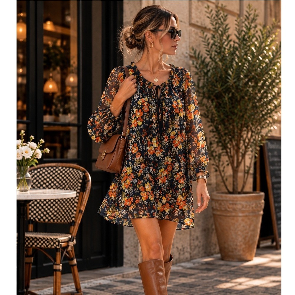 LOFT Navy Blue Floral Tiered Mini Dress Long Sleeve Ruffle Neck Size L